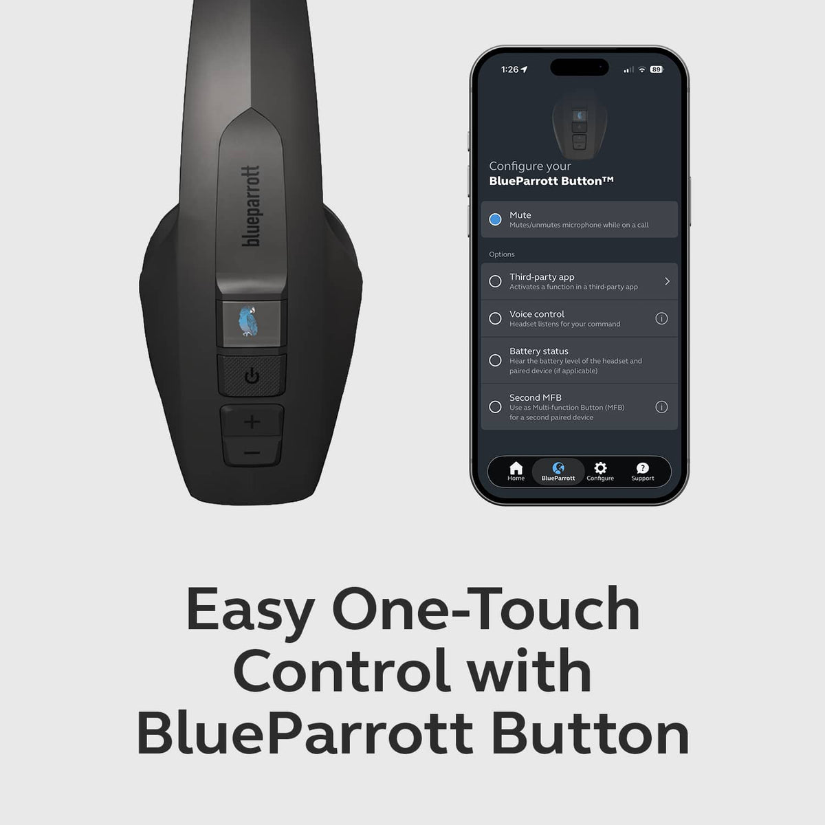 BlueParrott - Pro B350 Wireless Bluetooth Mono Headset with 98% AI Voice Isolation Mics and Lightweight Headband - Black