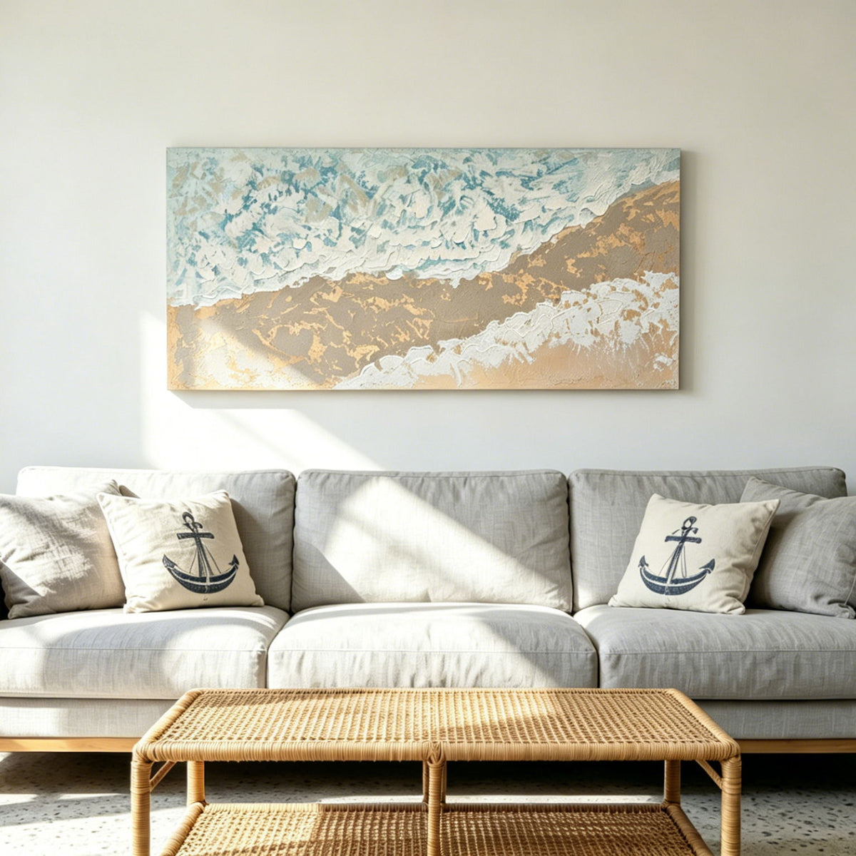 Cuadro de lienzo con paisaje de playa en tonos neutros, pintura hecha a mano con textura gruesa, decoración para sala de estar - Beige / Azul