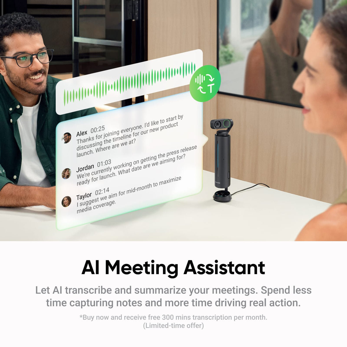 Insta360 - Wave Noise Canceling Conference Speakerphone, AI recorder, Meeting, Interview, Podcasting & more - Black