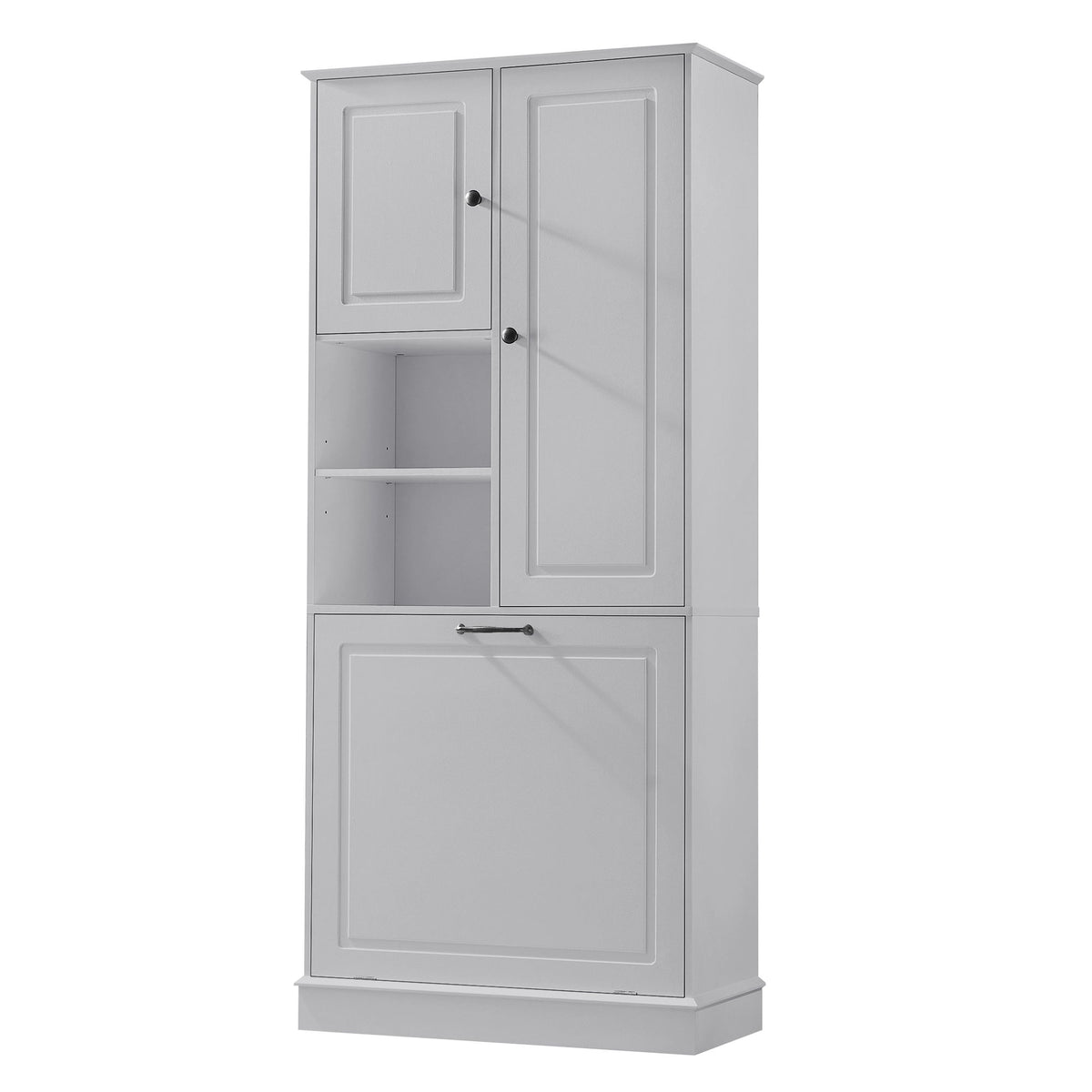 Armario alto moderno con estantes ajustables, cesta extraíble y puertas cerradas