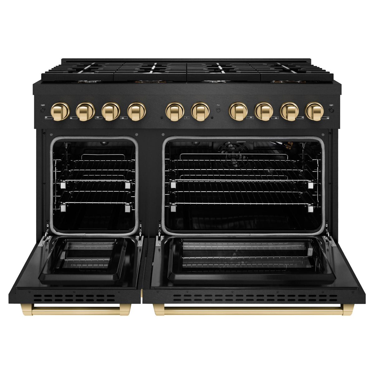 ZLINE - 48 in. Wide 8 Burner Autograph 6.7 cu. ft. Double Oven Freestanding Gas Range with Gold Accents - Black Satin Stainless Steel