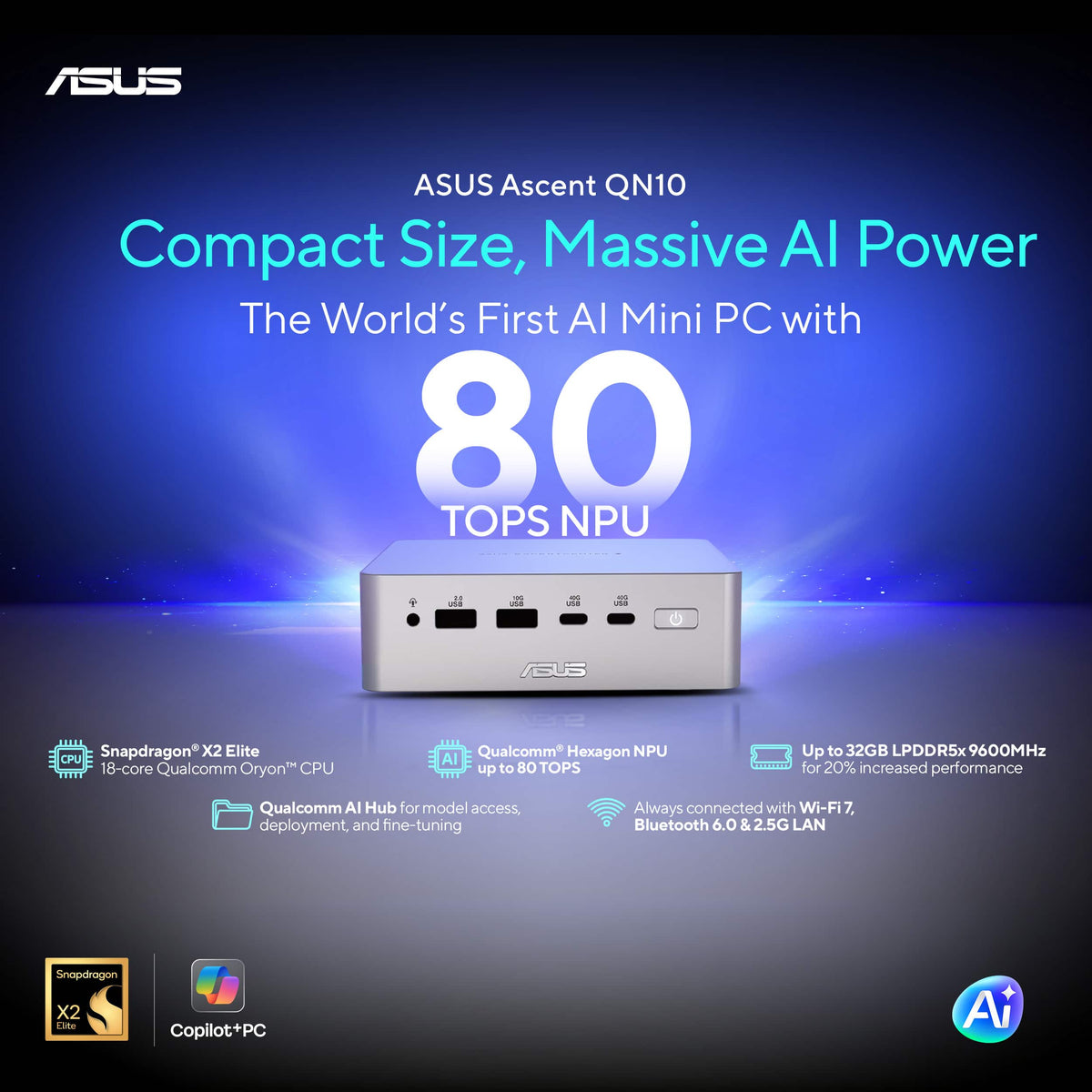 ASUS - Ascent QN10 Mini PC - Snapdragon X2 Elite (2026) - Qualcomm Adreno X2-90 - 16GB Memory - 512GB Storage - Copilot+PC - Silver