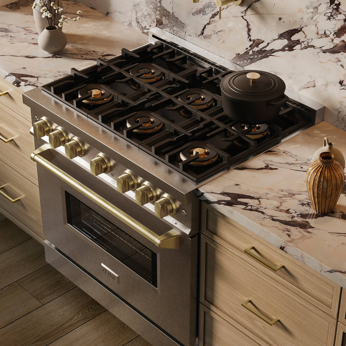 ZLINE - Autograph 36 in. 5.2 cu. ft. Classic Freestanding DuoPro Gas Range w/ Convection Oven in Satin Steel & Bronze Accents - Satin Stainless Steel
