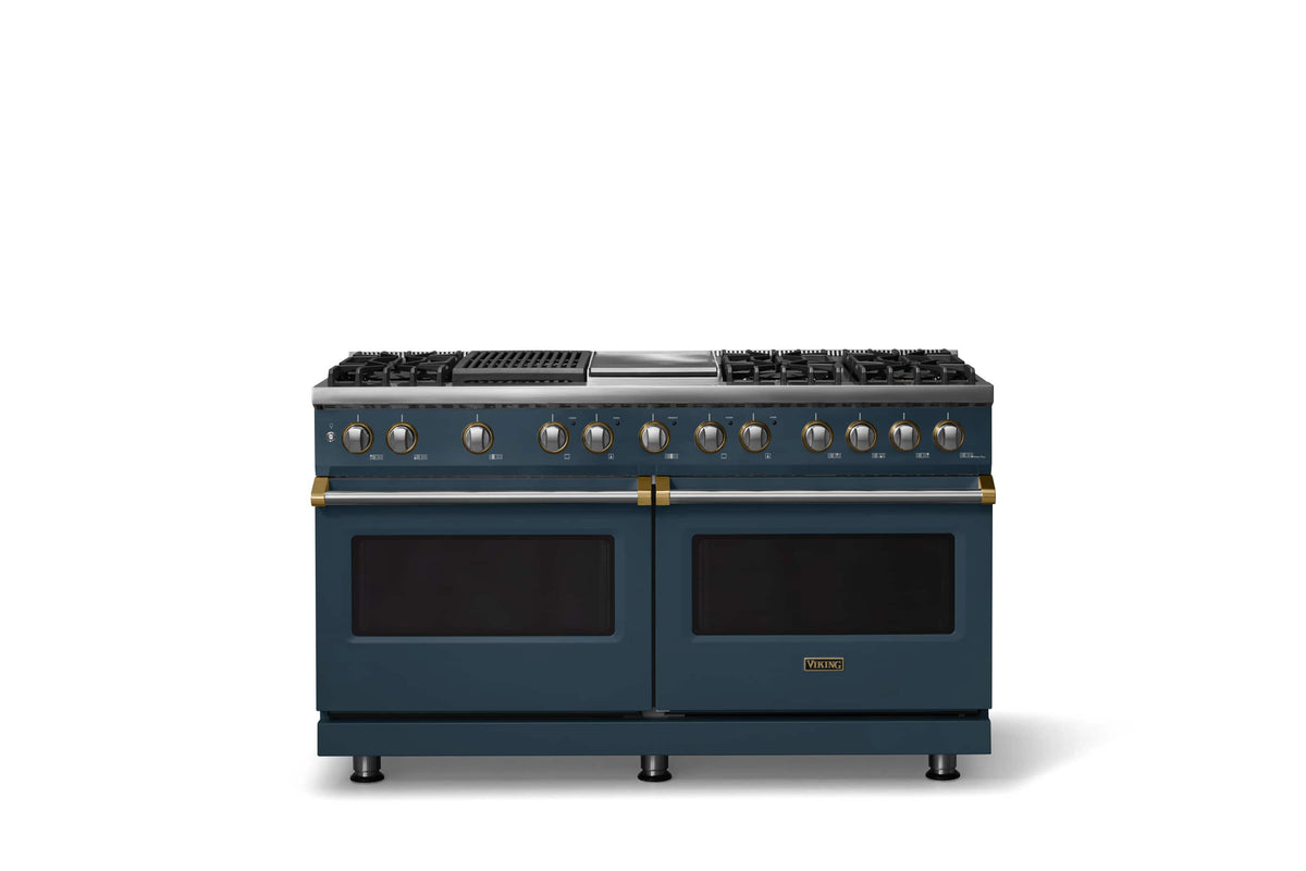 Viking - 60"W. 8 Burner Pro 5 Series 9.4 Cu. Ft. Freestanding Sealed LP Dual Fuel ConvectionRange with Brushed Brass Trim - Squall