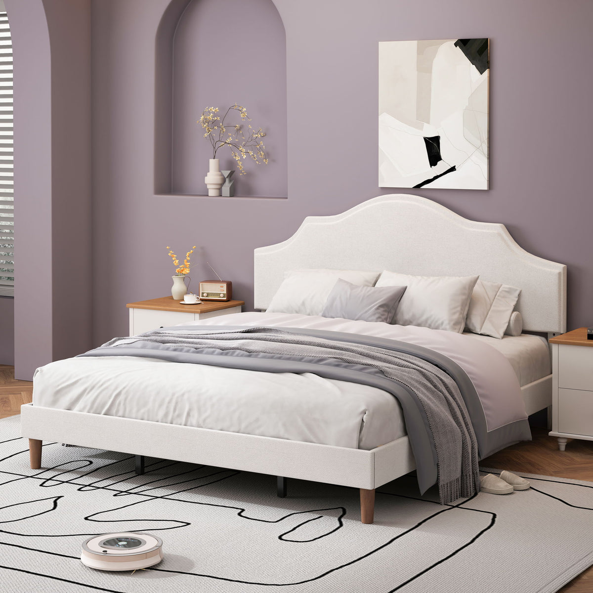 Base de cama tapizada tamaño King con cabecero ajustable, no requiere somier, color blanco
