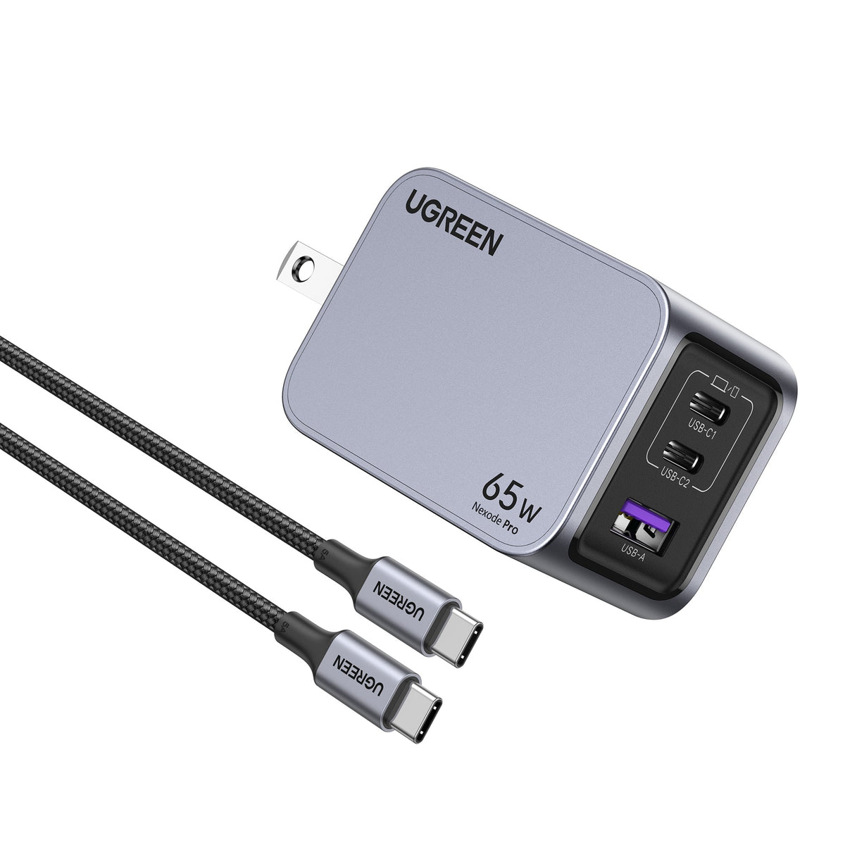 UGREEN - Nexoede Pro 65W USB-C Charger Set, PPS 3-Port Compact Foldable GaN Charger for MacBook Pro/Air, iPad, iPhone Series - Space Gray