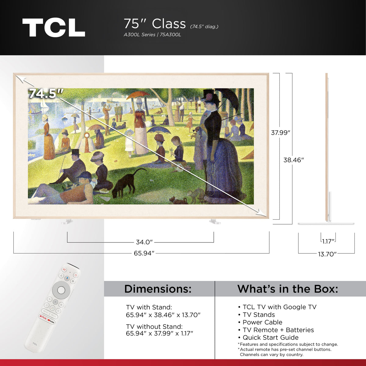TCL - 75" Class A300L Designer Series 4K QLED TV with Ultra Matte Screen and Flush Wall Mount (2026)