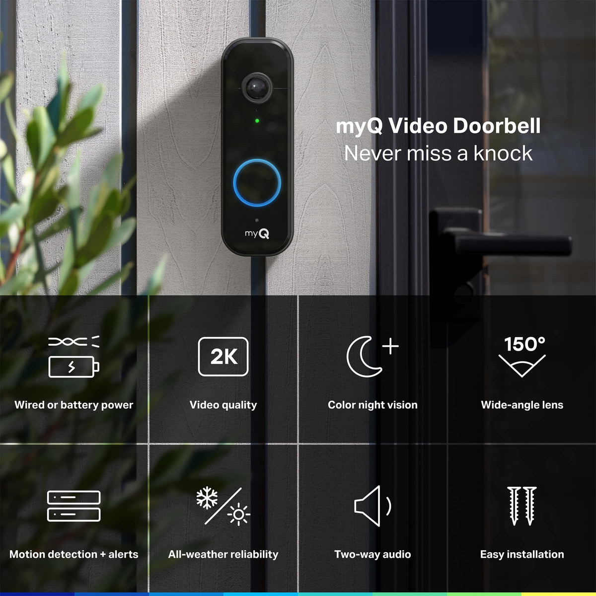 Chamberlain - myQ Video Doorbell | 2K Camera, Battery/Wired, Color Night Vision, Live View with 2-Way Talk, Motion Detection & Alerts - Black