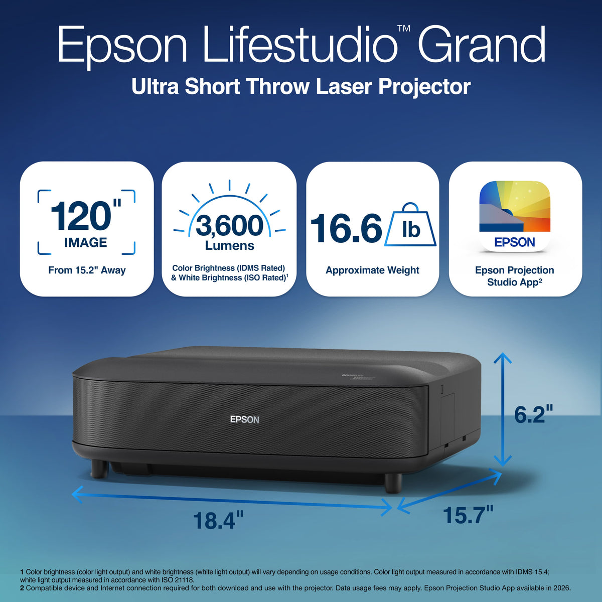 Epson - Lifestudio Grand 4K PRO-UHD UST Laser Projector, 3,600 Lumens of Color & White Brightness,  Sound by Bose Technology - Black