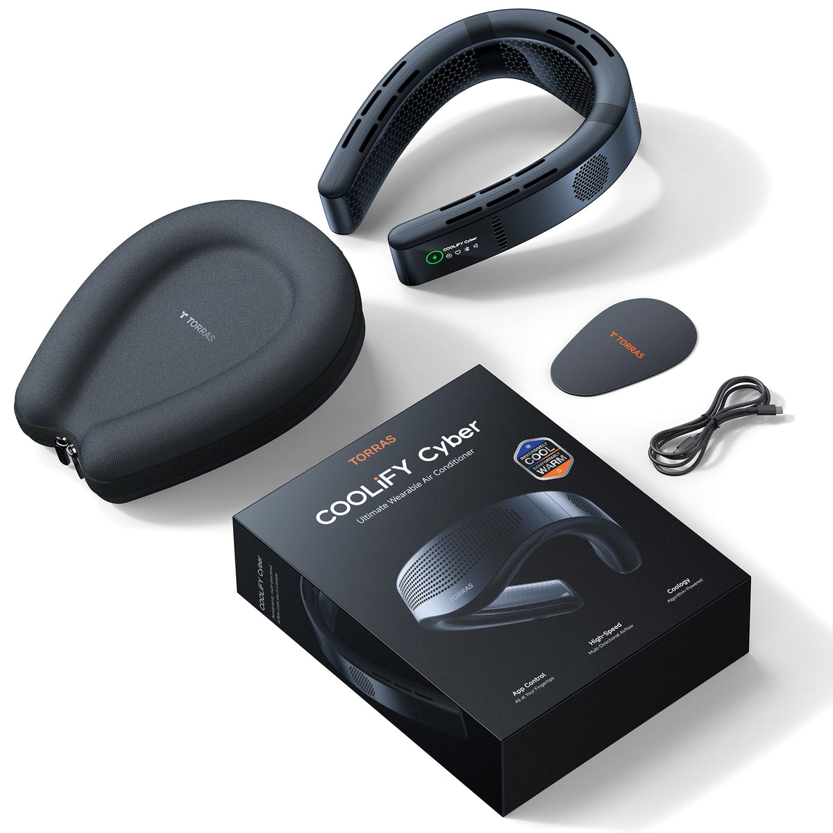 TORRAS - COOLiFY Cyber Neck Air Conditioner, Cooling, Heating, and Fan Rechargeable with 6000mAh - Cascade Black