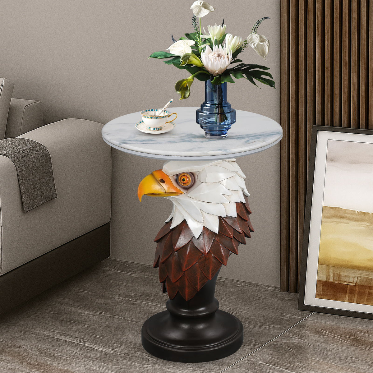 Mesa auxiliar con cabeza de águila, mesas laterales con estatuas de animales para sala de estar - Marrón / Blanco antiguo