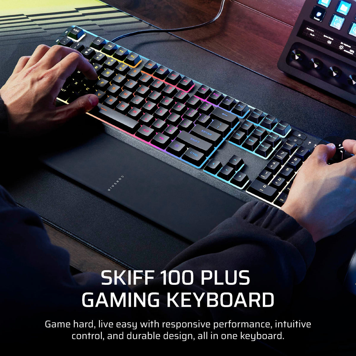 CORSAIR - SKIFF 100 PLUS Gaming Keyboard – 10-Zone RGB – 100% - Rotary Dial - Quiet, Responsive Switches – IP53 - Black
