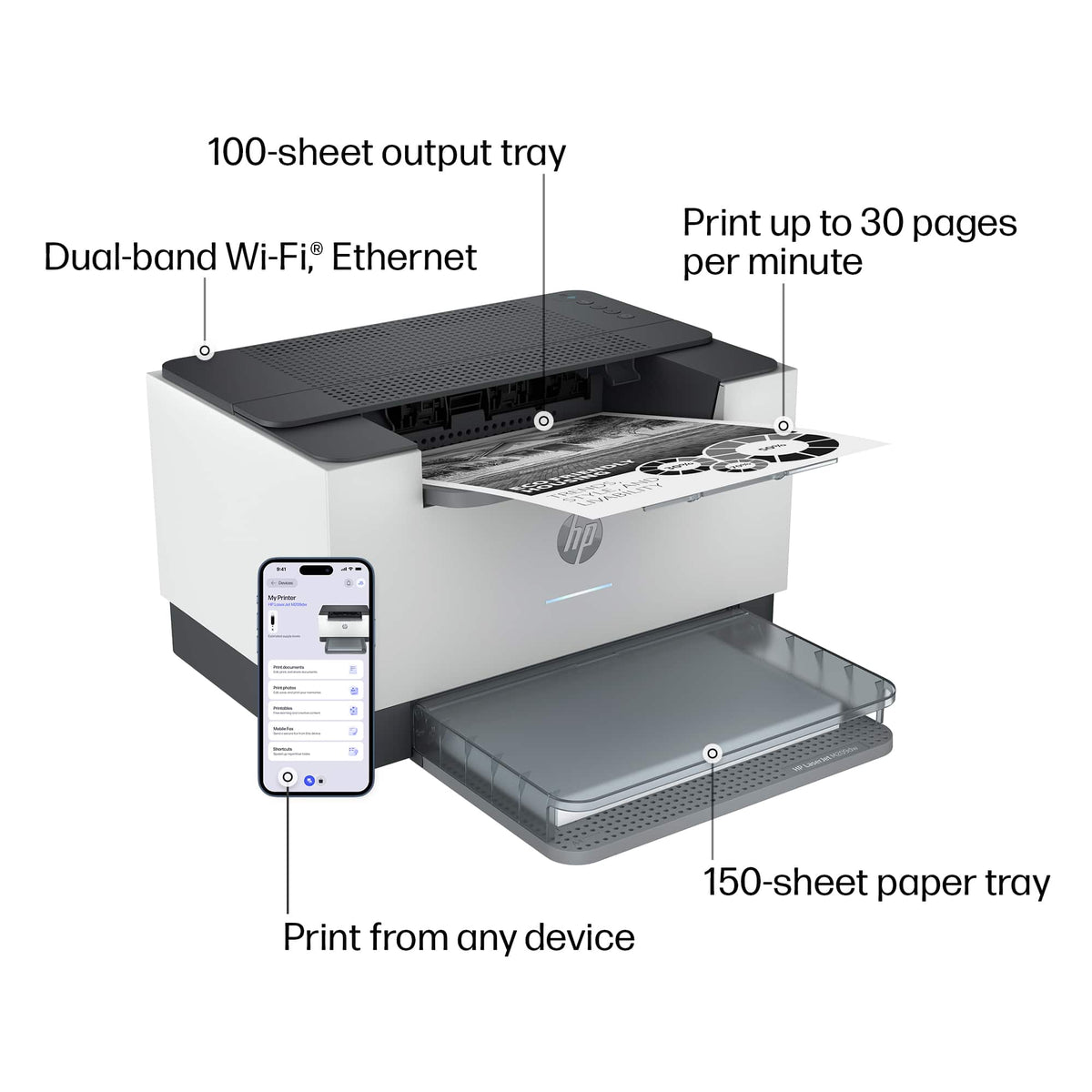 HP - LaserJet M209dw Wireless AI-Enabled Black-and-White Laser Printer - White & Slate