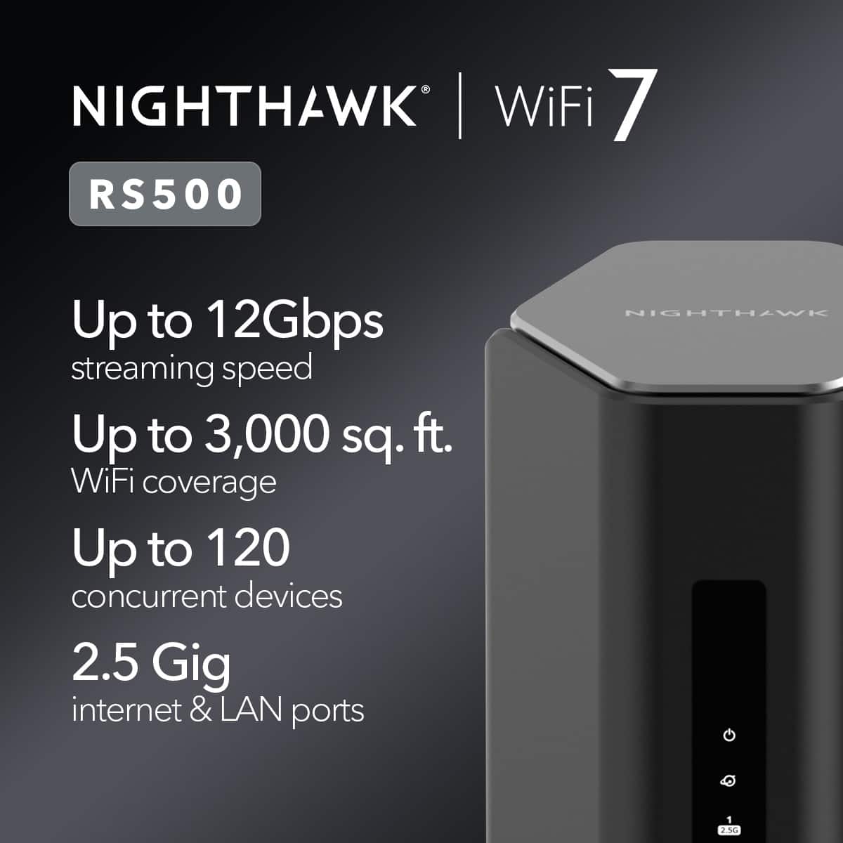 NETGEAR - Nighthawk WiFi 7 Router RS500, 12 Gbps, Up to 3,000 sq ft, 120 Devices - Black