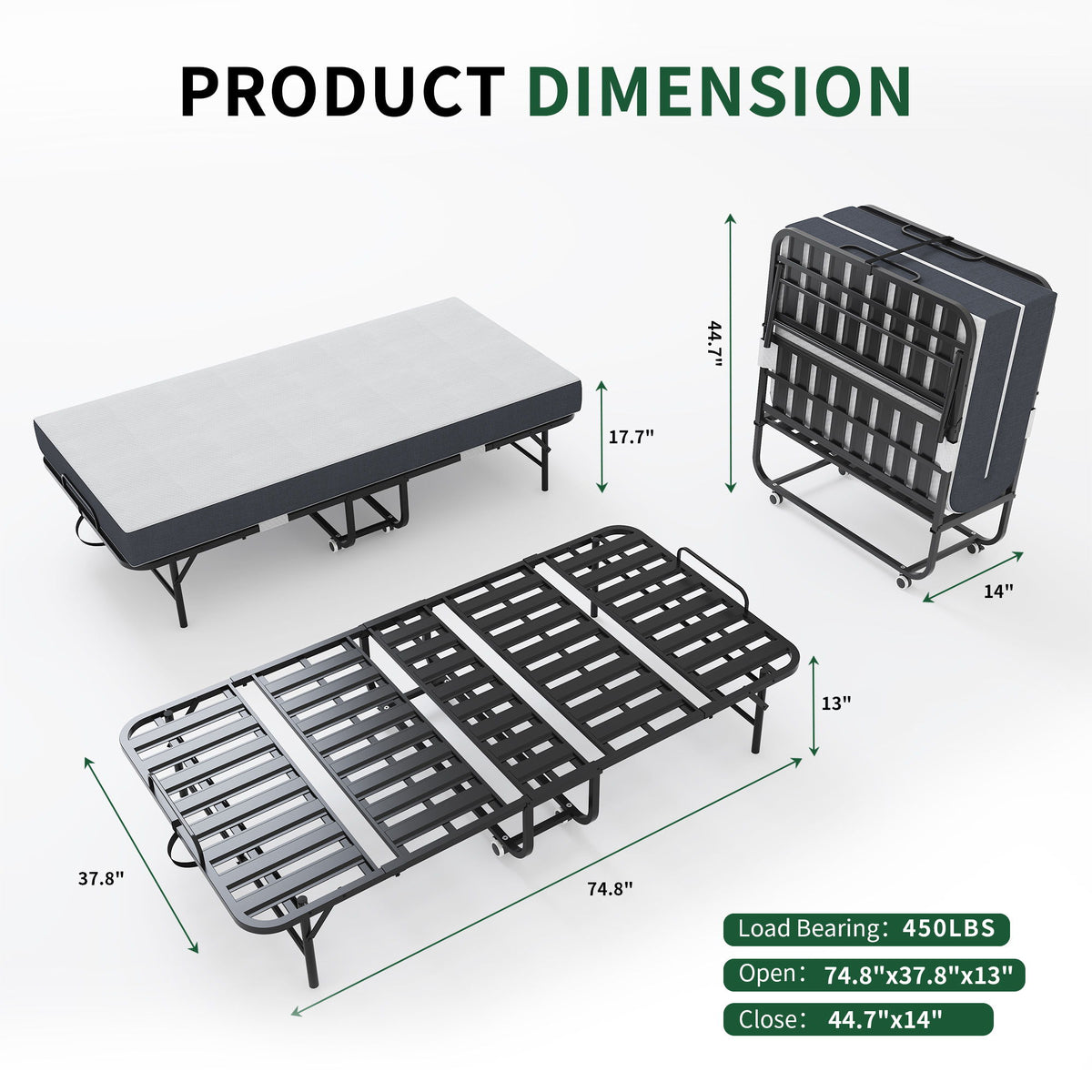 Cama Plegable Individual Extra Larga Para Personas Altas, Cama Plegable Resistente Para Invitados Con Colchón De Espuma Viscoelástica - Negro