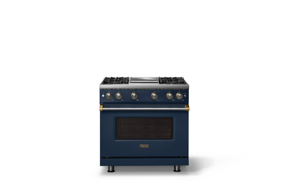 Viking - 36 in. Wide Pro 5 Series 5.1 Cu. Ft. Freestanding Sealed 4 Burner Gas Convection Range - Slate Blue w. Brushed Brass - Slate Blue