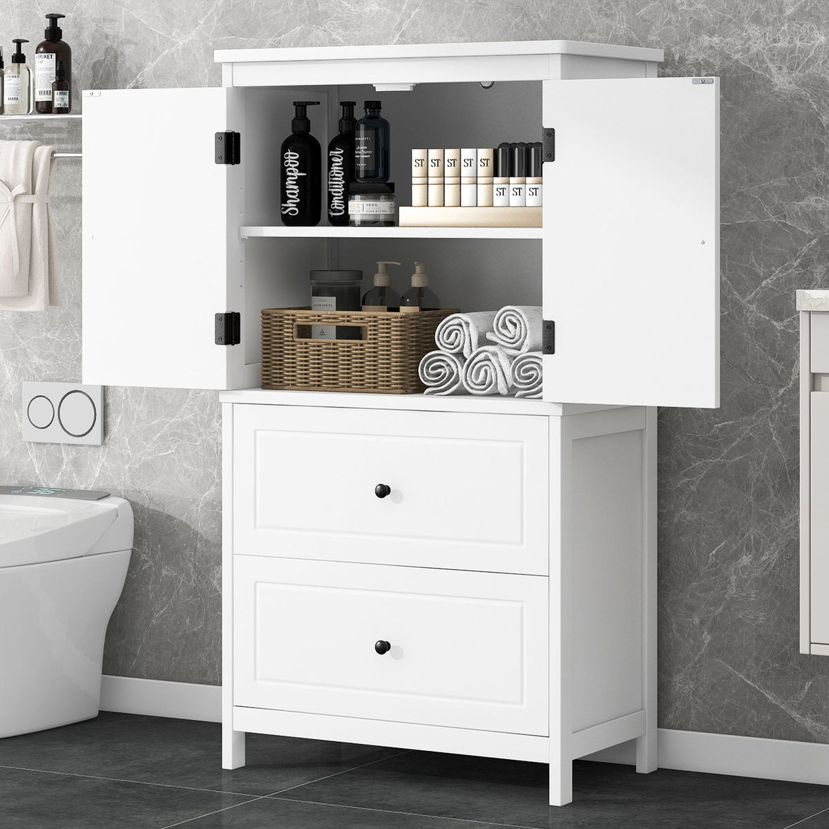 Gabinete de almacenamiento para baño con 2 puertas y cajones, estante ajustable