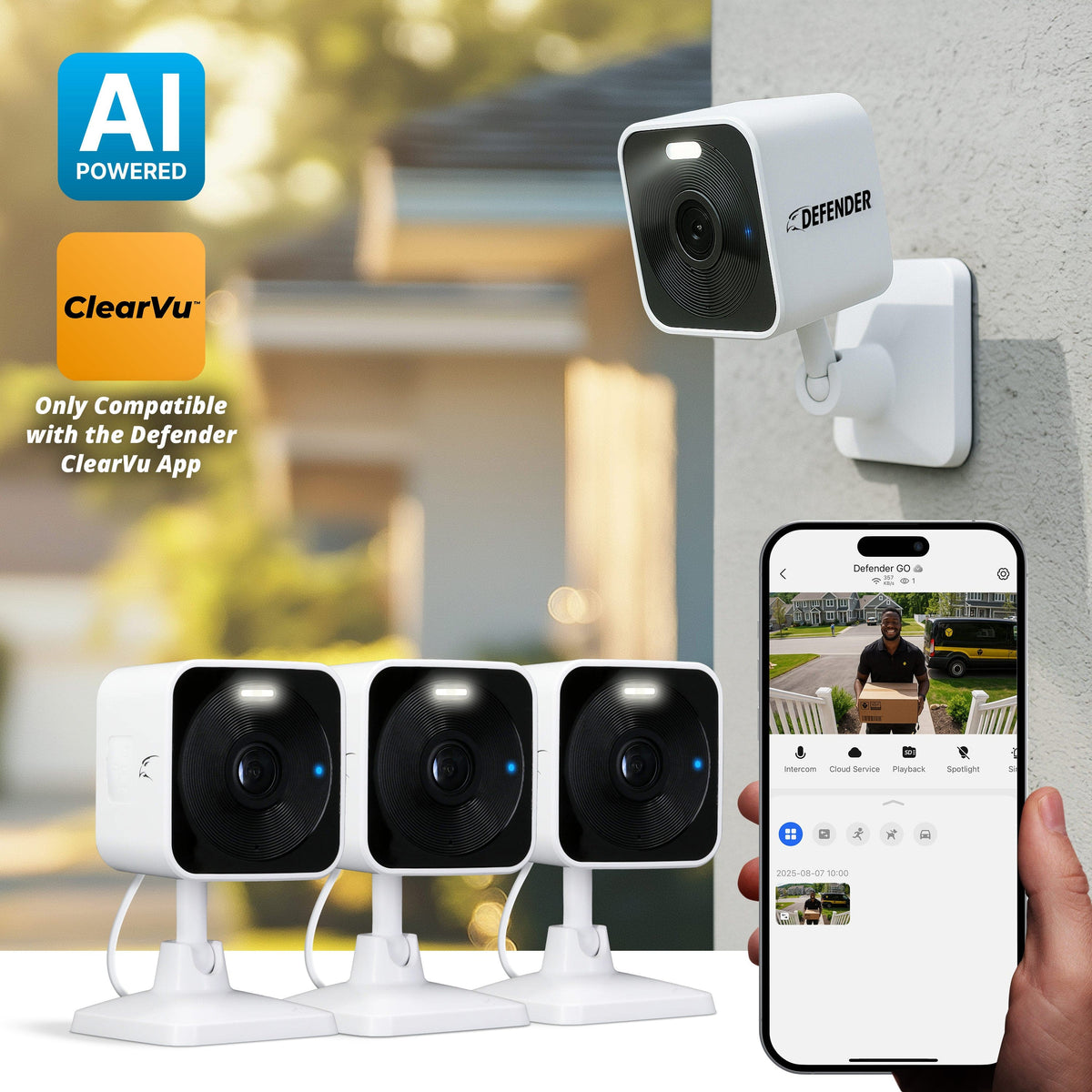 Defender - GO 2K AI POWERED Plug-in Power Indoor/Outdoor Home Security, Baby & Pet Camera - 3 Pack - White