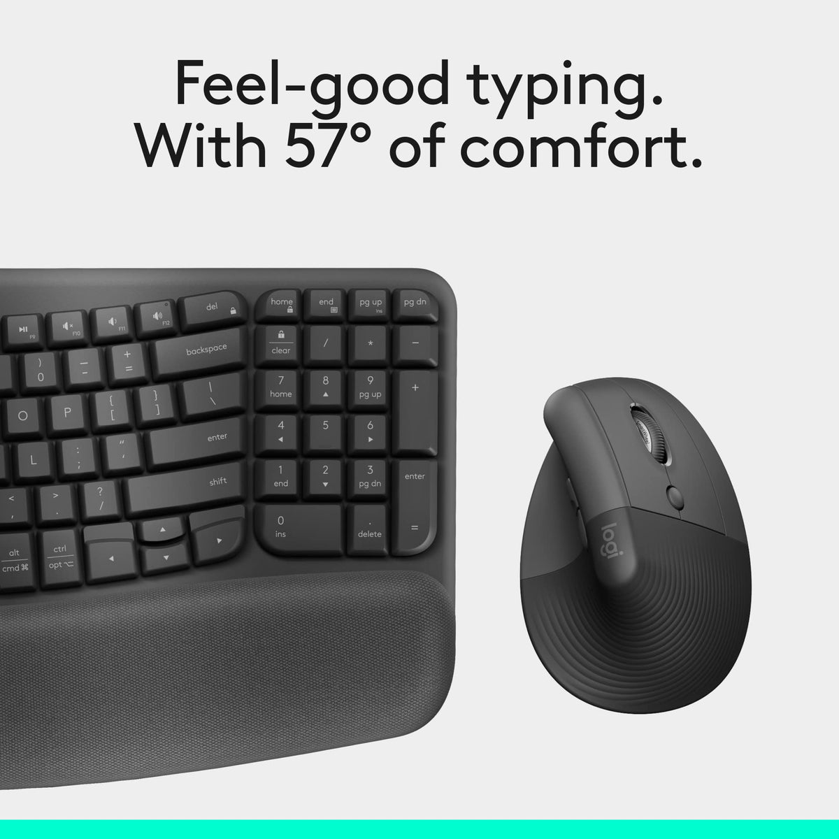 Logitech - Wave Keys and Lift Vertical Mouse Wireless Ergonomic Keyboard and Mouse Bundle with Cushioned Palm Rest - Graphite