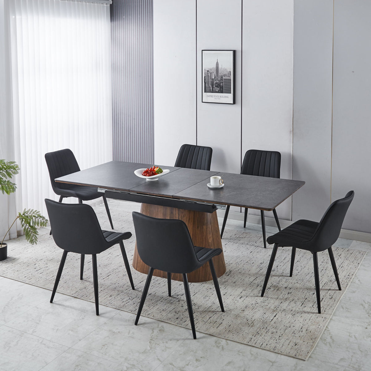Mesa de comedor extensible con base cónica y 6 sillas de comedor - Marrón / Negro