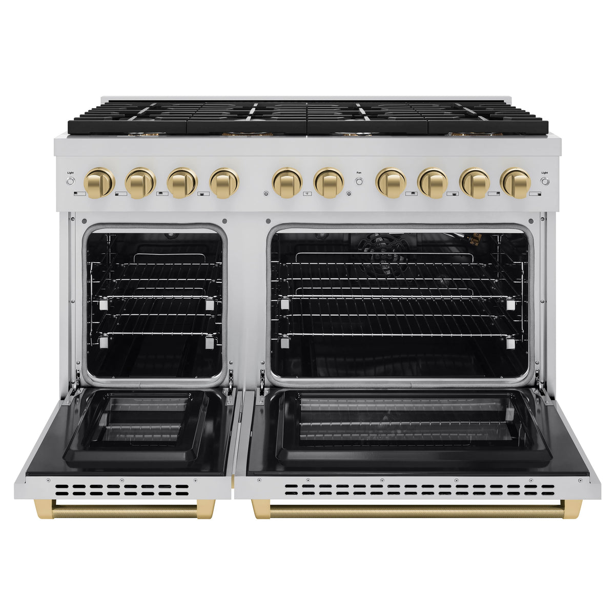 ZLINE - 48 in. Wide 8 Burner Autograph 6.7 Cu. Ft. Freestanding Paramount Gas Range with Champagne Bronze Helix Handles - Stainless Steel