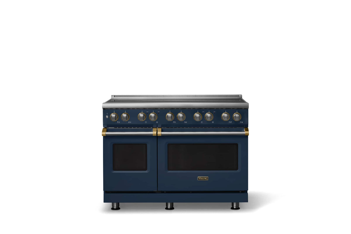 Viking - 48 in. Wide 6 Elements Pro 5 Series 7.3 Cu.Ft. Freestanding 6 Element Induction Convection Range with Brushed Brass Trim - Slate Blue