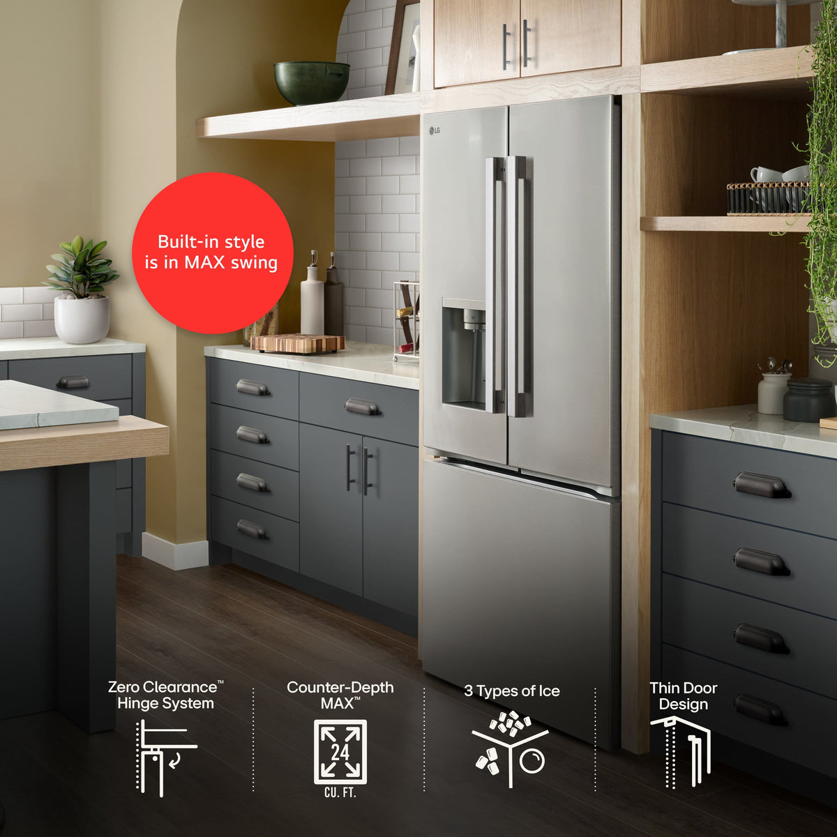 LG - 36-in Counter-Depth MAX 23.7 Cu. Ft. French Door Smart Refrigerator with Zero Clearance - Stainless Steel