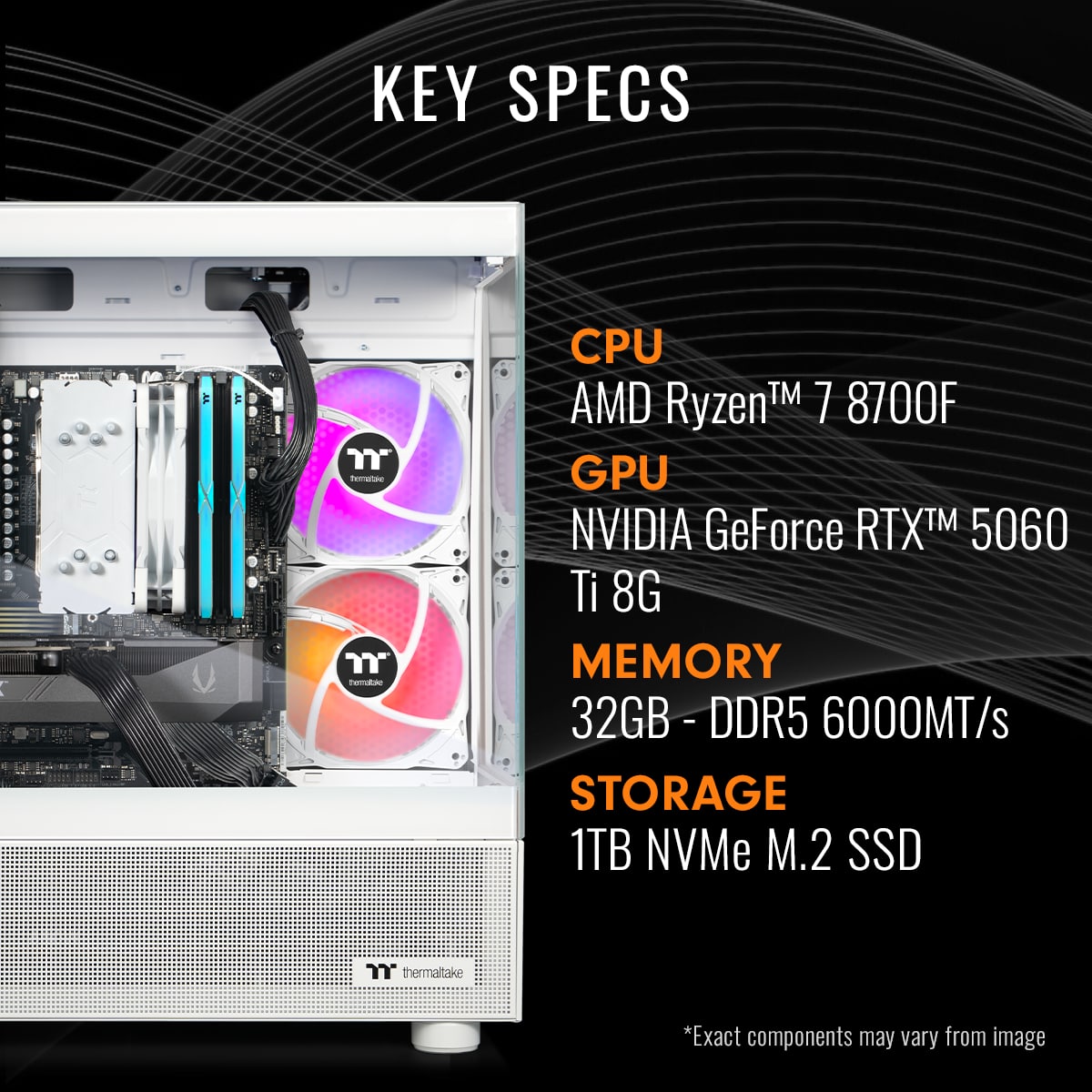Thermaltake - LCGS View 8760TS-170 Gaming Desktop AMD Ryzen 7 8700F 2025 32GB Memory NVIDIA GeForce RTX 5060 Ti 8G 1TB SSD NVMe M.2 - White
