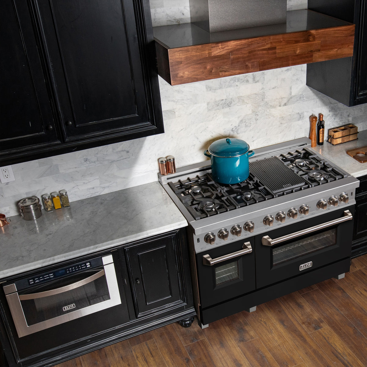 ZLINE - 48 in. Wide 7 Burner Legacy Dual Fuel Range in Satin Stainless Steel w/ Black Matte Doors (RAS-BLM-48) - Stainless Steel/Black Matte Door