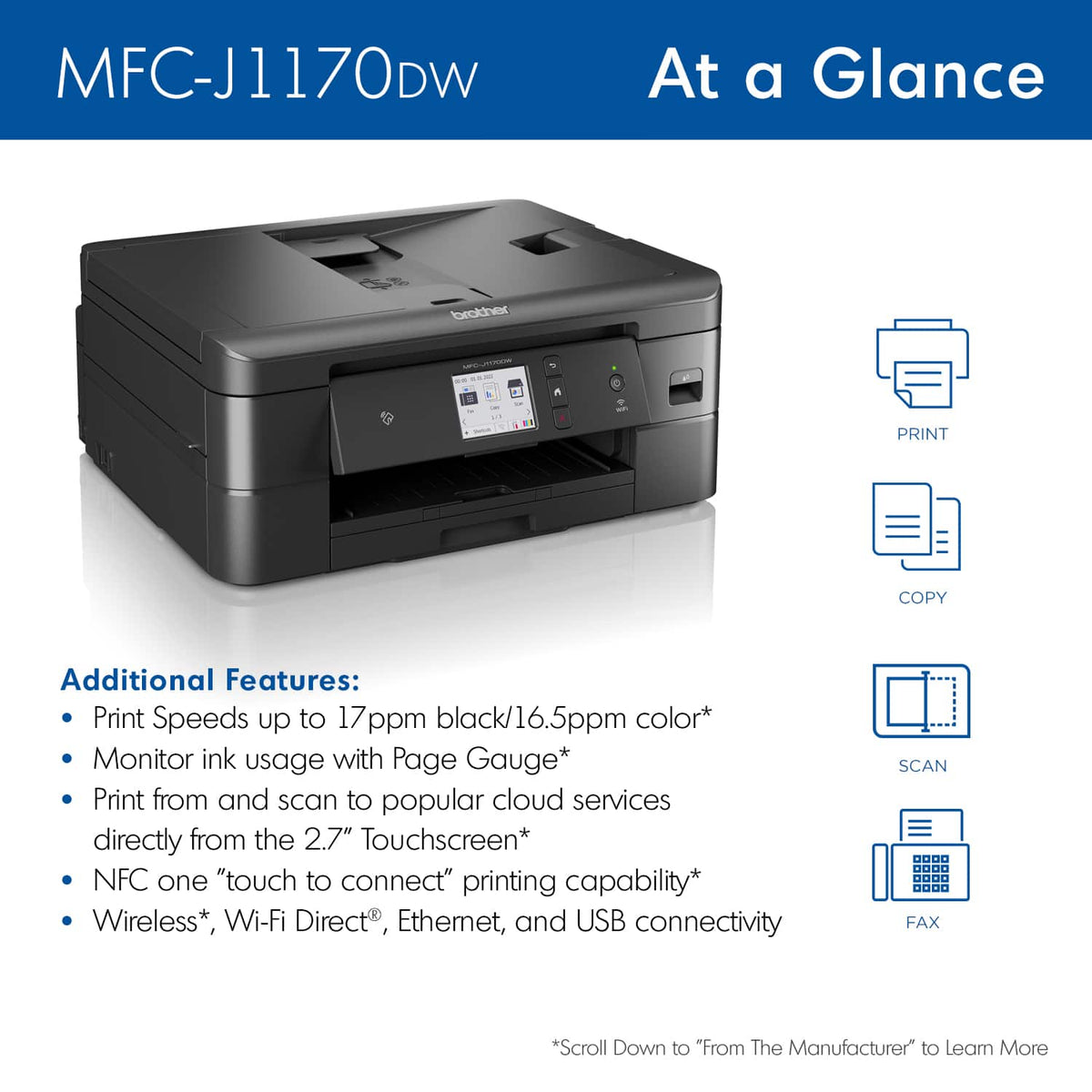 Brother - MFC-J1170DW Wireless Color All-in-One Refresh Subscription Eligible Inkjet Printer - Black