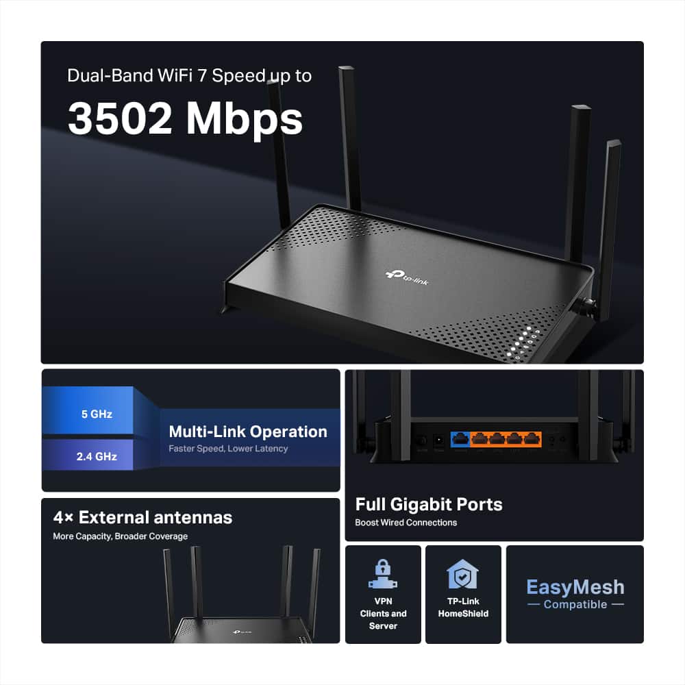 TP-Link - Archer BE3500 Dual-Band Wi-Fi 7 Router - Black