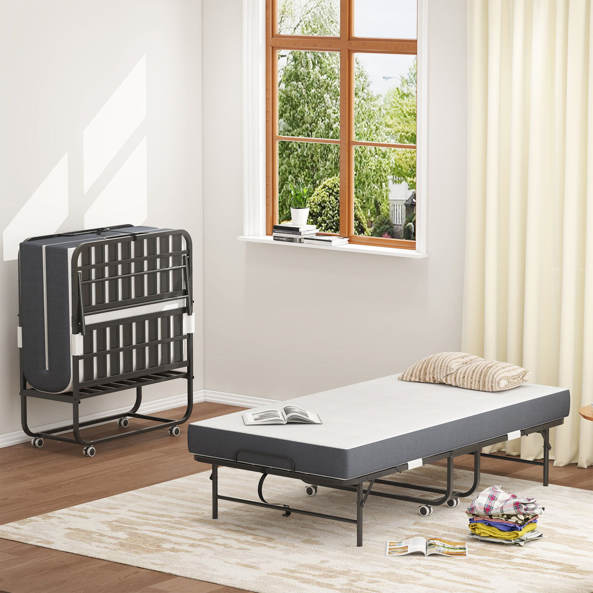 Cama Plegable Individual Extra Larga Para Personas Altas, Cama Plegable Resistente Para Invitados Con Colchón De Espuma Viscoelástica - Negro