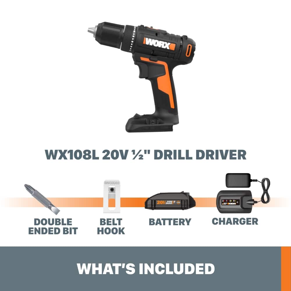 WORX - WX108L 20V PowerShare 1/2" Cordless Drill Driver (Batteries & Charger Included) - Black