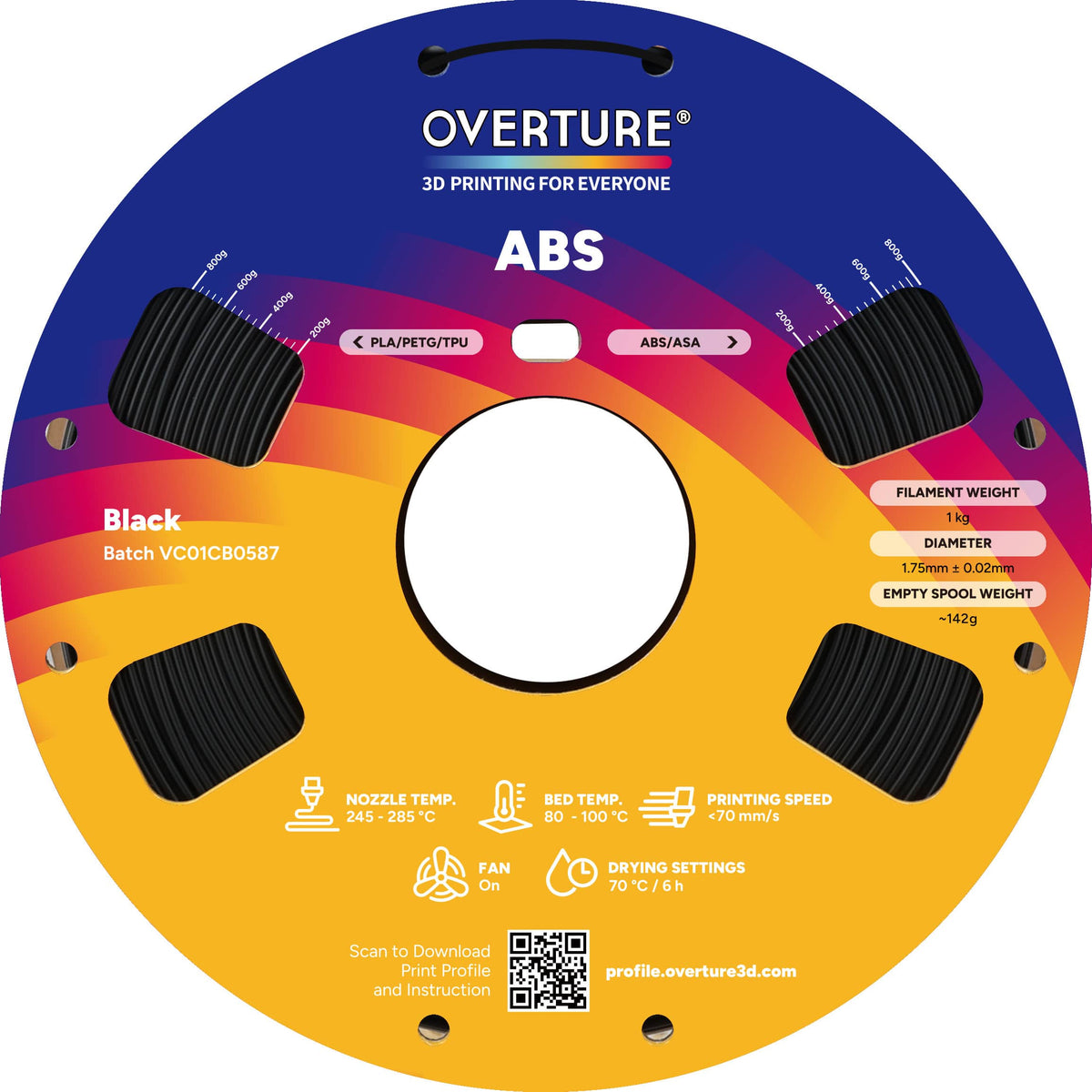 Overture - 1.75 mm ABS 3D Printer Filament - Black