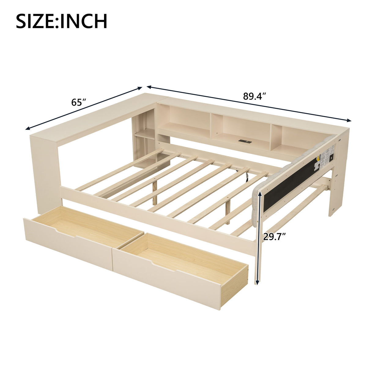 Upholstered Headboard Platform Bed With Storage Shelves, Drawers, Charging Station