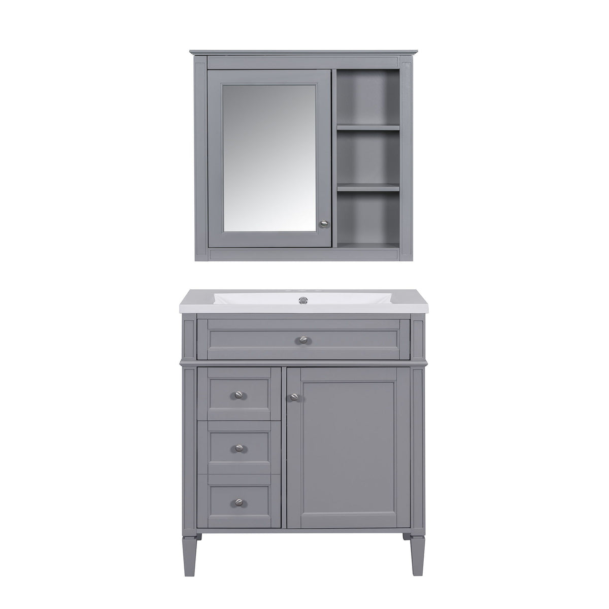 Mueble de baño con botiquín, Armario con espejo Royal, Mueble de almacenamiento de baño moderno con 2 puertas de cierre suave y 4 cajones