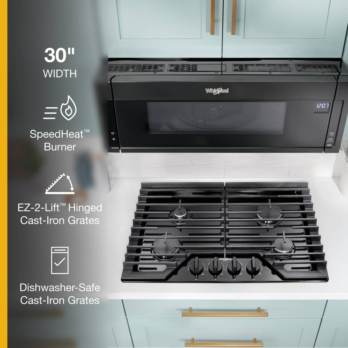 Whirlpool - 30 in. Wide 4 burners Built-In Gas Cooktop with EZ-2-Lift Hinged Cast-Iron Grates - Black Stainless Steel
