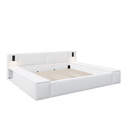Estructura de cama tapizada con plataforma, almacenamiento oculto, mesitas de noche integradas y luces LED de lectura