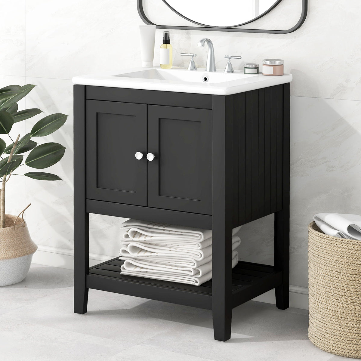 Tocador de baño moderno con lavabo y estante abierto