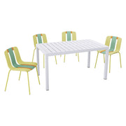 Set de 4 piezas de sillas individuales y mesa larga con bloques de color a rayas - Amarillo grano / Verde neblina / Naranja tropical / Blanco