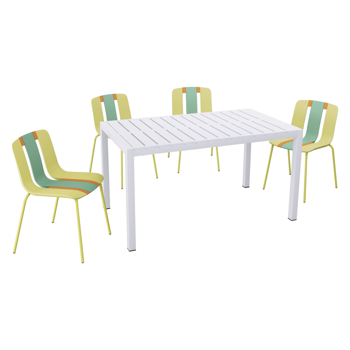 Set de 4 piezas de sillas individuales y mesa larga con bloques de color a rayas - Amarillo grano / Verde neblina / Naranja tropical / Blanco