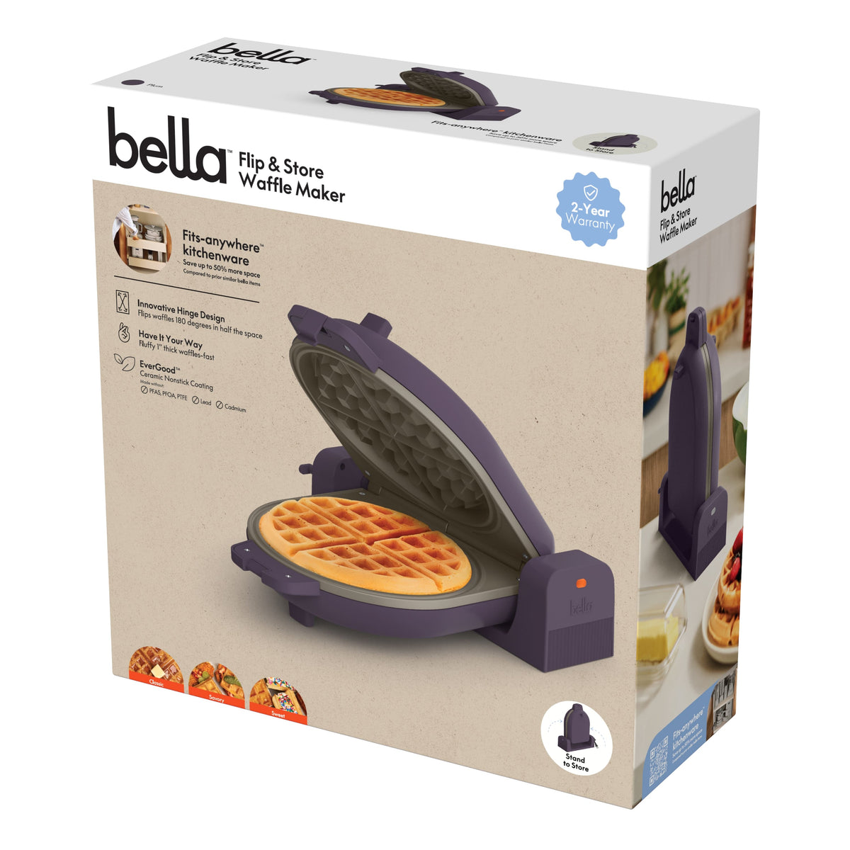 Bella - Fits-anywhere Kitchenware: Flip & Store Belgian Waffle Maker - Plum
