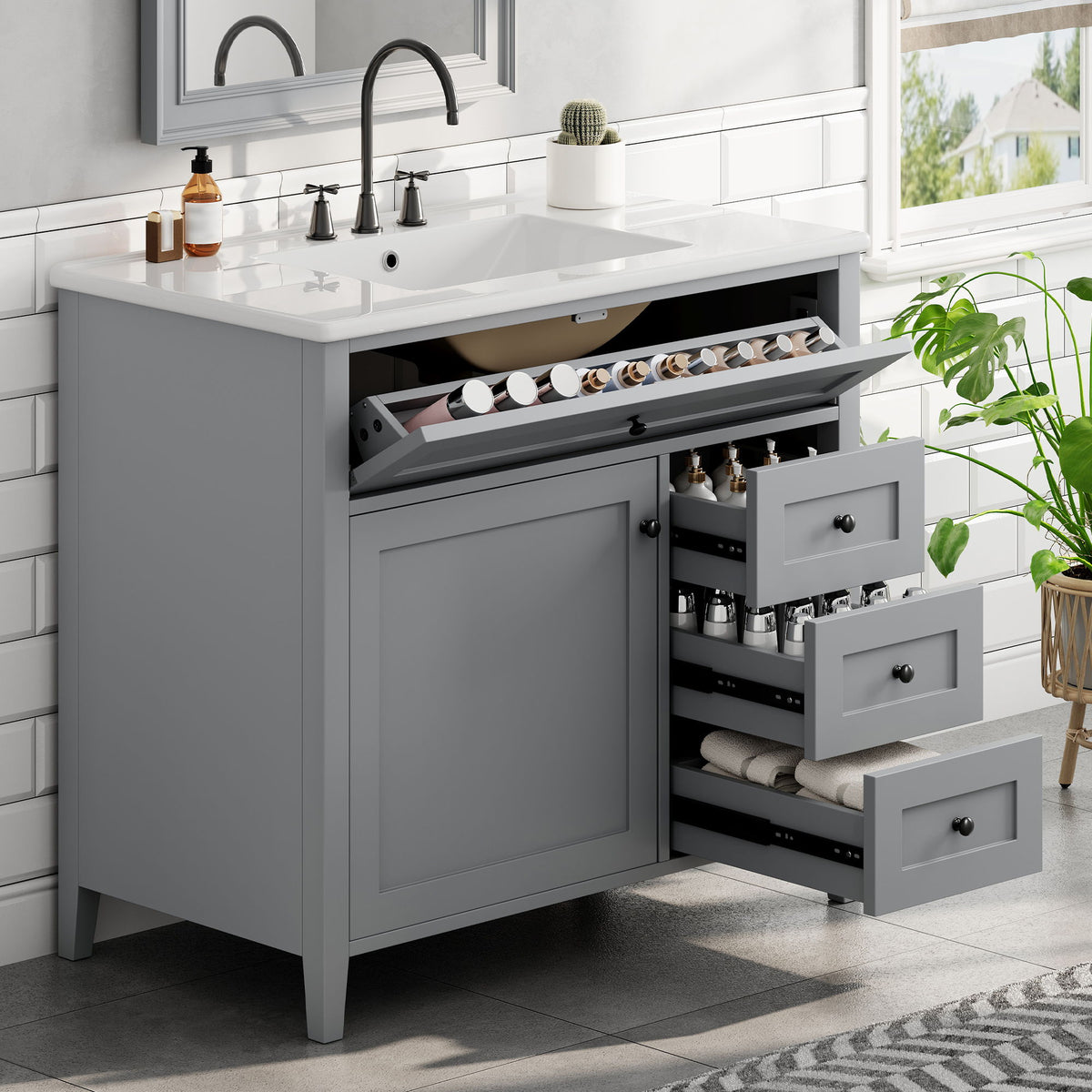 Tocador de baño con lavabo, mueble con 3 cajones y estante ajustable
