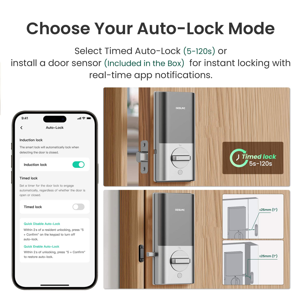 DESLOC - K140 Plus Smart Lock with 10,000mAh Battery Wi-Fi Replacement Deadbolt with Palm Vein Recognition and Auto Lock - Silver
