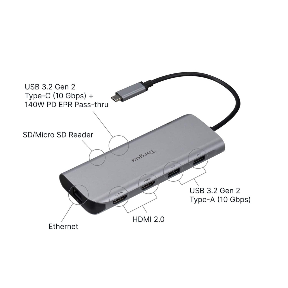 Targus - USB-C Alt. Mode Dual HDMI 4K Mobile Dock with 140W EPR Pass-Thru & SD Reader - Silver
