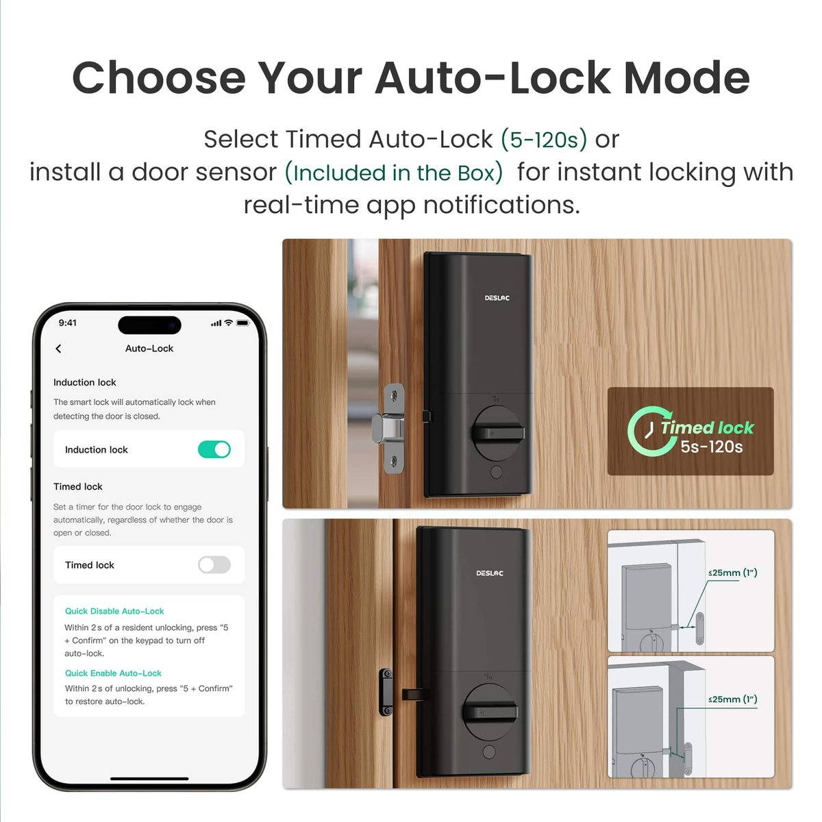 DESLOC - K140 Plus Smart Lock with 10,000mAh Battery Wi-Fi Replacement Deadbolt with Palm Vein Recognition and Auto Lock - Black