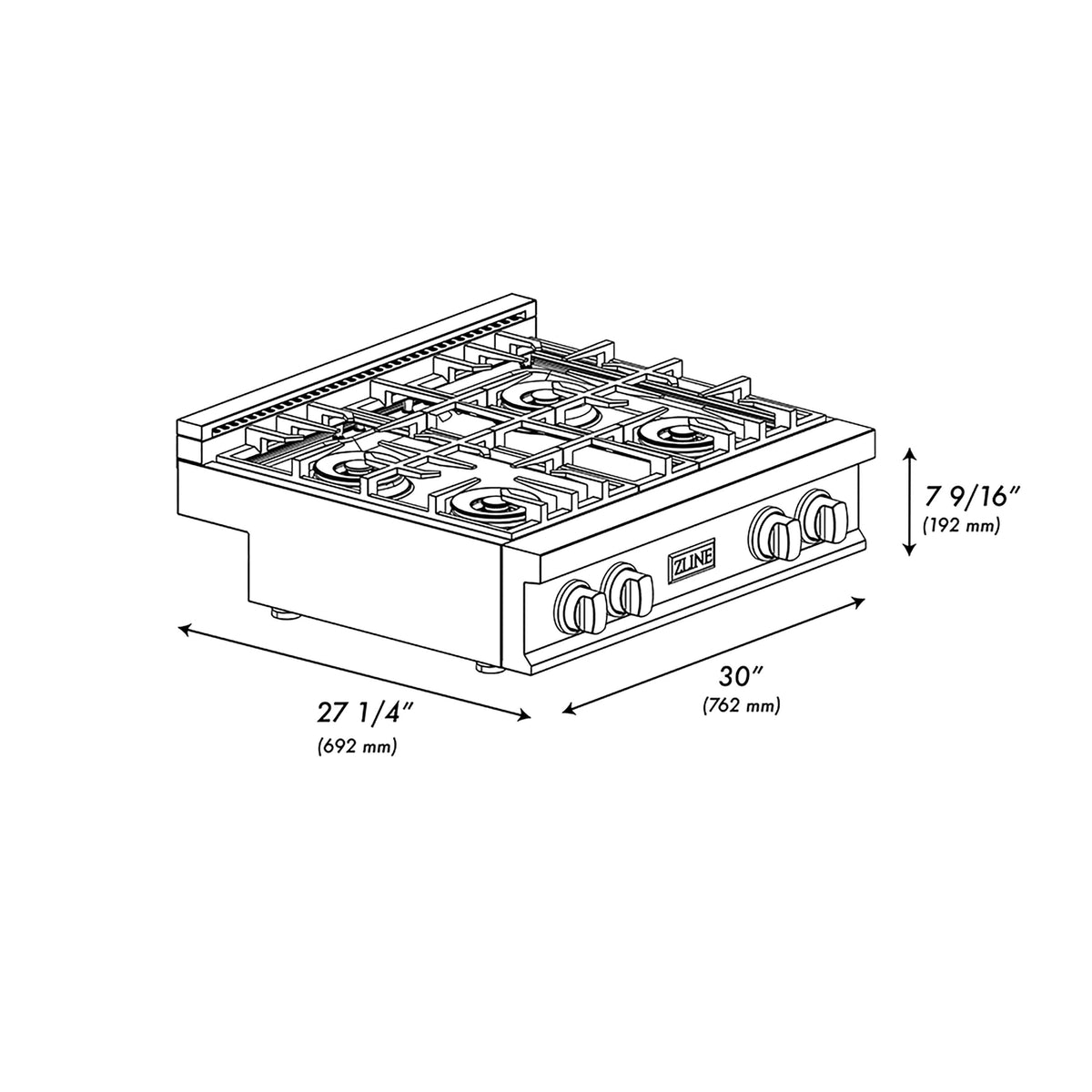 ZLINE - 30 in. Wide 4 Burner Autograph  Satin Steel Classic Built-In Gas Cooktop DuoPro and Gold Accents (PCRTSZ-30-G) - Stainless Steel