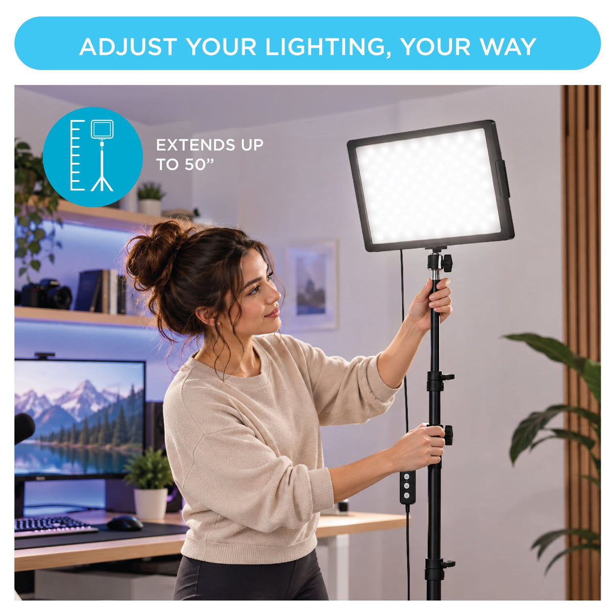 Bower - 12" Creator Light Kit with Two LED Panel Lights, 50" Stands and Phone Holders - Black