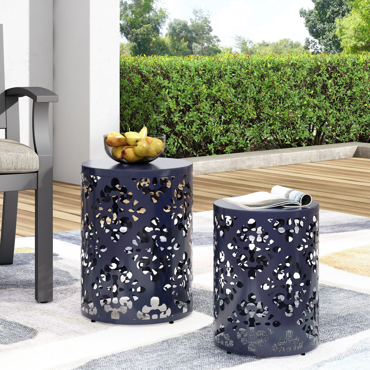 Modern Iron Cut Design End Table (Set of 2) - Navy Blue