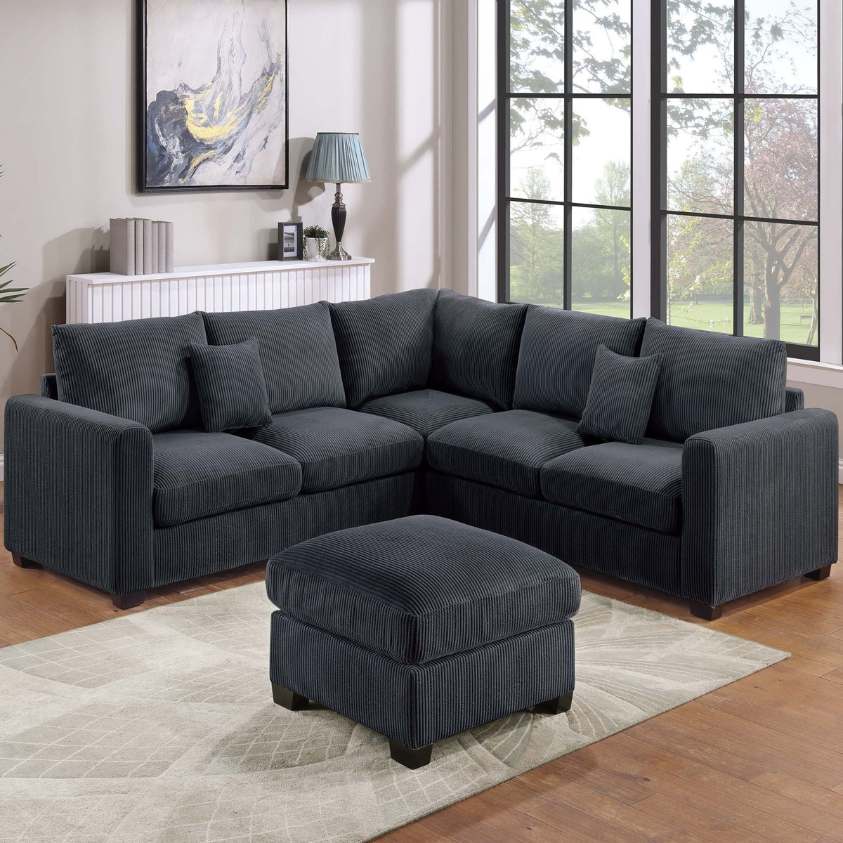 Conjunto de sofá seccional en forma de L de estilo moderno con otomana